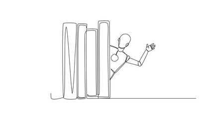 Poster - animated self drawing of continuous line drawing smart robot appears from behind a row of books. inv