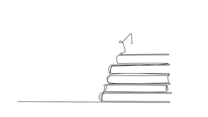 Poster - Animated self drawing of single line drawing robot help partner climb pile of books. Concept of helping each other to success together. Knowledge source book. Full length single line animation