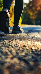 A closeup of the woman's feet in running shoes, walking on an asphalt road with greenery and trees in background, captured from low angle perspective, creating a dynamic visual effect