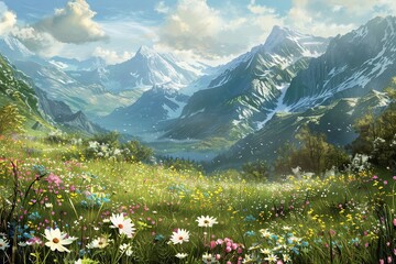 Wall Mural - Mountain Valley in Bloom: A picturesque valley filled with blooming flowers