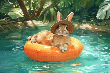 Wall Mural - Rabbit with a Sun Hat Floating on an Orange Float