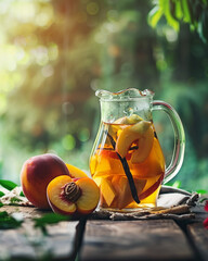 Wall Mural - peach flavored ice tea with vanilly pods in a glass jug with a lot of slice of peach fruity cold drink