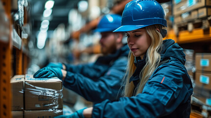 Wall Mural - two employees man and woman are packing orders in the warehouse, wearing safety helmets and warm coat