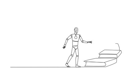 Poster - Self drawing animation of continuous line drawing robot climb stairs from the book stack. Towards the wide open door. Metaphor of finding the answers from books. Book festival. Full length animated