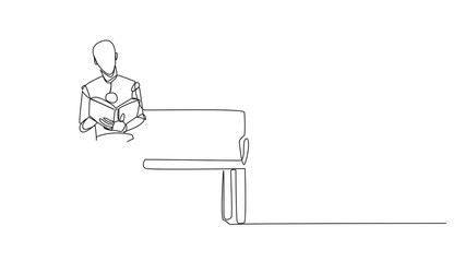 Poster - self drawing animation of one line drawing smart robot sitting reading on chair in the university pa
