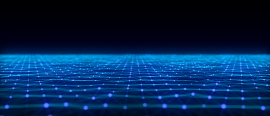 Fototapete - Abstract futuristic wave with moving dots. Flow of colored particles and lines. Cyber technology illustration. Big data visualization. 3d rendering