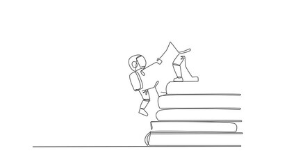 Poster - animation of one line drawing astronaut help partner climb pile of books. concept of helping each ot