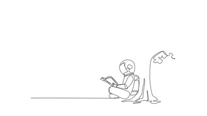 Poster - Animated self drawing of continuous line drawing astronaut sitting reading book under shady tree. Continuing second volume of the fiction story book. Enjoy reading. Full length single line animation