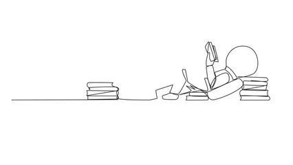 Poster - Animated self drawing of continuous line drawing astronaut lying down reading book. Lots of books scattered around. Hobby reading. Space book festival. Cosmic galaxy. Full length single line animation