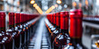 © Nice Seven - Modern wine bottling factory featuring a conveyor belt lined with red wine bottles, A long row of red wine bottles with vibrant caps displayed in a winery with a beautifully blurred background