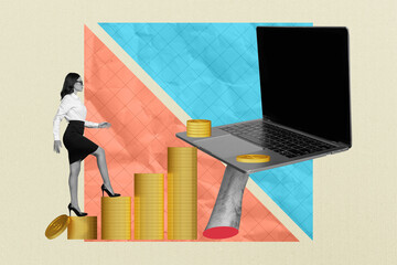 Poster - Composite photo collage of serious businesswoman walk coin stack income hand hold macbook device freelance isolated on painted background