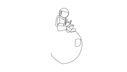 Poster - self drawing animation of continuous line drawing astronaut sitting on the moon reading scientific b