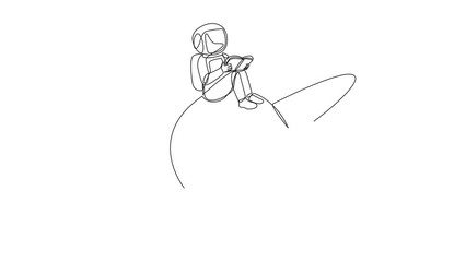 Poster - Self drawing animation of one line drawing astronaut sitting on the planet Saturn. Read about the natural conditions of outer space planets. Adaptation. Book festival concept. Full length animated