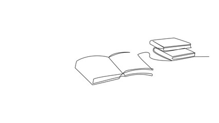 Poster - Self drawing animation of one line drawing books are scattered and open during the exhibition. Interested in books about space. Extensive galactic knowledge. Book festival. Full length animated