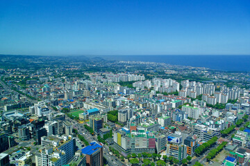 Jeju city aerial skyline cityscape in South Korea