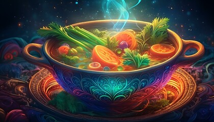 Wall Mural -  A bowl of steaming hot vegetable soup brimming with vibrant carrots, celery, tomatoes, 