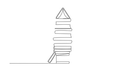 Poster - Animation of continuous line drawing stacked books form a rocket. Space book festival concept. Guidebook for carrying out expedition missions. Single line self drawing animated. Full length motion