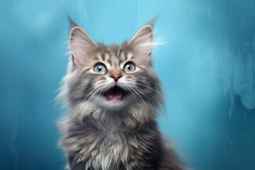 Wall Mural - Portrait of a smiling australian mist cat in front of soft blue background