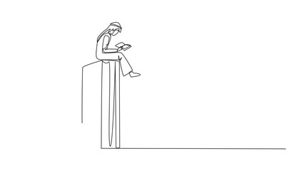 Wall Mural - Animated self drawing of continuous one line drawing Arabian man sitting on a big open book reading a book. Serious and focus learning increases insight. Full length single line animation