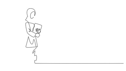 Poster - self drawing animation of continuous line drawing arabian woman walking carrying a book. walking bac