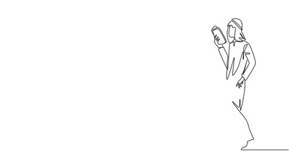 Poster - Self drawing animation of single continuous line drawing Arab man walking reading the book. Gesture of memorizing something from a book. Read anywhere. Addicted to reading. Full length animated