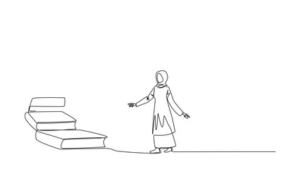 Poster - Animation of continuous line drawing Arab woman climb stairs from the book stack. Towards the wide open door. Metaphor of finding the answers from books. Book festival. Full length motion