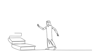 Poster - Animated self drawing of one line drawing Arab man climb stairs from the book stack. Towards the wide open door. Metaphor of finding the answers from books. Full length single line animation