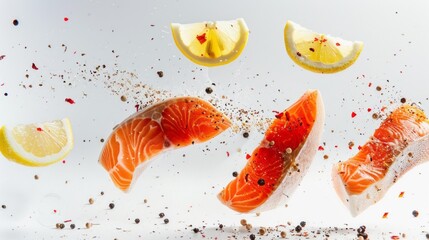 Wall Mural - A close up of a fish and lemon slice with a sprinkle of pepper