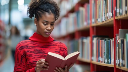 A Black woman engrossed in reading a book in a library setting