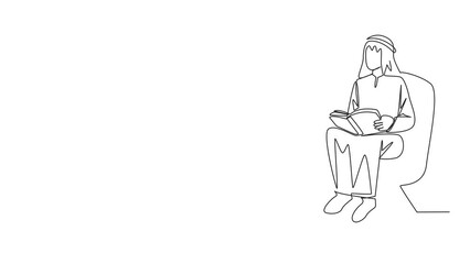 Poster - Self drawing animation of one line drawing Arabian man sitting reading on sofa. Reading focus in the living room. Relieve fatigue from daily activities. Book festival concept. Full length animated