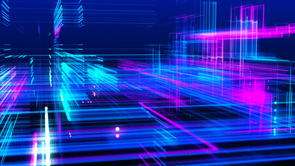 Poster - Abstract techno background. Three-dimensional composition of intersecting multi-colored grids. Information technology concept. Digital cyberspace with particles. 3d rendering.