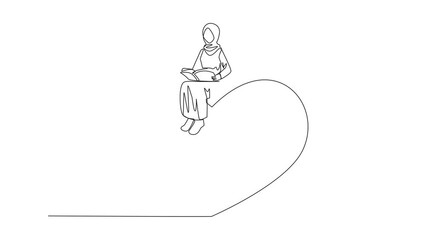 Poster - animated self drawing of single continuous line drawing arab woman sitting on big heart. reading rom