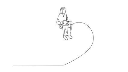 Poster - animation of continuous line drawing arab man sitting on big heart. reading romantic fiction book. e
