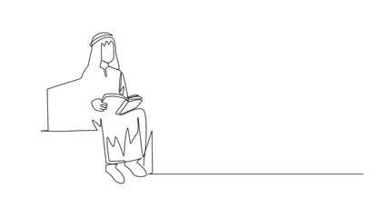 Poster - Animated self drawing of single line drawing Arabian man sitting reading on chair in the university park. Prepare for the final exams. Book festival concept. Full length single line animation