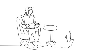 Poster - self drawing animation of continuous line drawing arab man woman sitting reading on sofa. reading fo