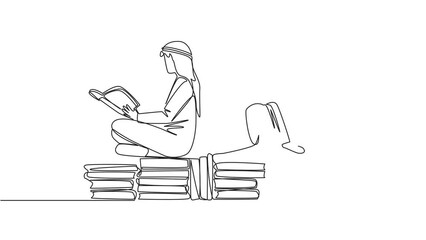 Canvas Print - Self drawing animation of one line drawing Arab man woman sitting relax reading book on pile of books. Relax while reading fiction book. Enjoy storyline. Book festival concept. Full length animated