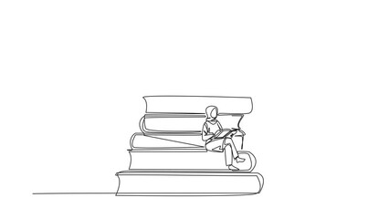 Poster - Animated self drawing of single line drawing Arab man woman sitting on pile of books reading book. High interest in reading. Opening horizons of thinking. Festival. Full length single line animation