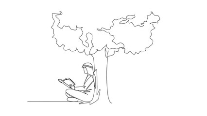 Poster - animation of single line drawing arab man woman sitting reading book under shady tree. continuing se