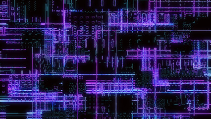 Poster - Printed circuit board. Visualization of advanced technology concept: PCB processor microchip, digitization of neural networks and cloud computing. Digital lines transmit data. 