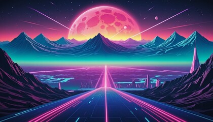 Canvas Print - Retro background futuristic landscape 1980s style, Synthwave Style Wall Paper