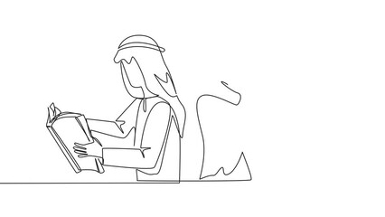 Poster - Self drawing animation of continuous line drawing Arab man woman very focused on reading book. Reading fiction story book during holidays. Book festival concept. Very good habit. Full length animated