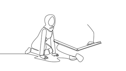Poster - animation of single line drawing arab man woman sit down put reading book on feet. interesting to re