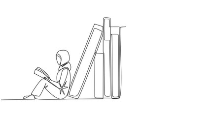 Poster - animated self drawing of continuous line drawing arab man woman reading sitting leaning against pile