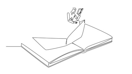 Poster - Animation of single continuous line drawing Arabian man woman reading book on paper boat. Maintain good habits. The metaphor of reading can explore ocean. Book festival concept. Full length motion