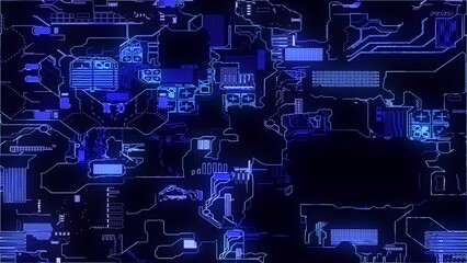 Poster - Printed circuit board. Advanced technology concept visualization: PCB processor microchip, neural network digitization and cloud computing. Digital lines transmit data. 4K animation