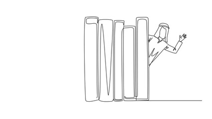 Poster - Self drawing animation of continuous line drawing Arab man woman appears from behind a row of books. Invitation to read book at library. Like to reading a book. Book festival. Full length animated