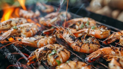 Wall Mural - A plate of shrimp is being cooked on a grill