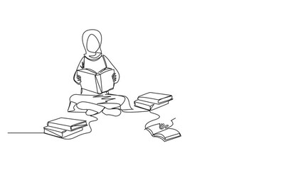 Poster - self drawing animation of continuous line drawing arabian man woman really likes reading. everyday o