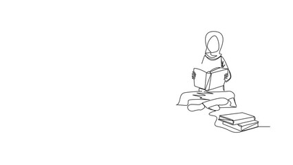 Poster - animated self drawing of one line drawing arabian woman really likes reading. everyday one book is r
