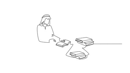 Poster - Self drawing animation of continuous line drawing Arabian man really likes reading. Everyday one book is read. Good habit. There is no day without reading book. Book festival. Full length animated